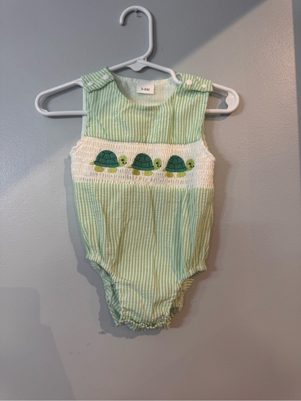 Baby Green Striped One-Piece with Turtle Smocking - 3-6M